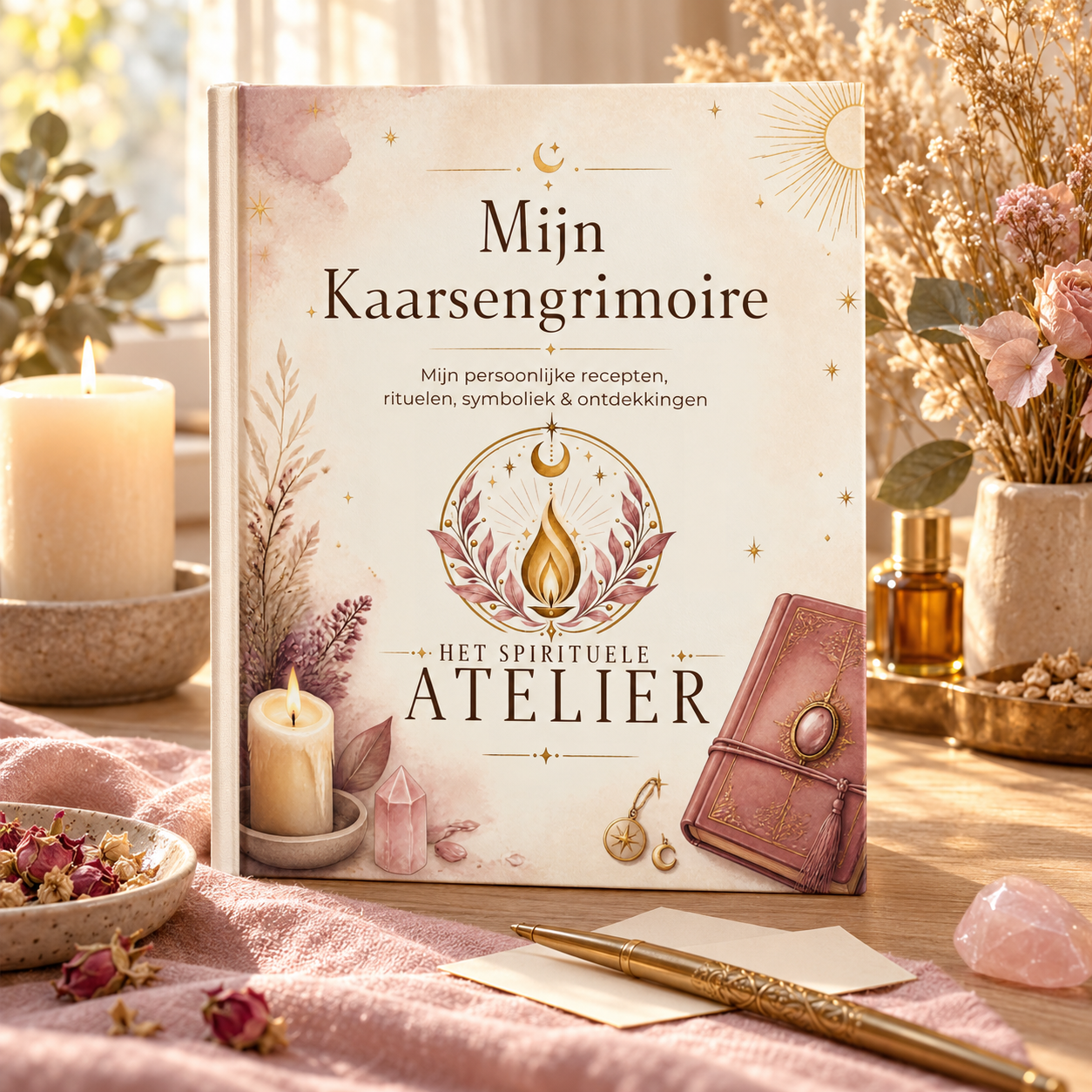 Het boek Mijn Kaarsengrimoire met schrijfmateriaal