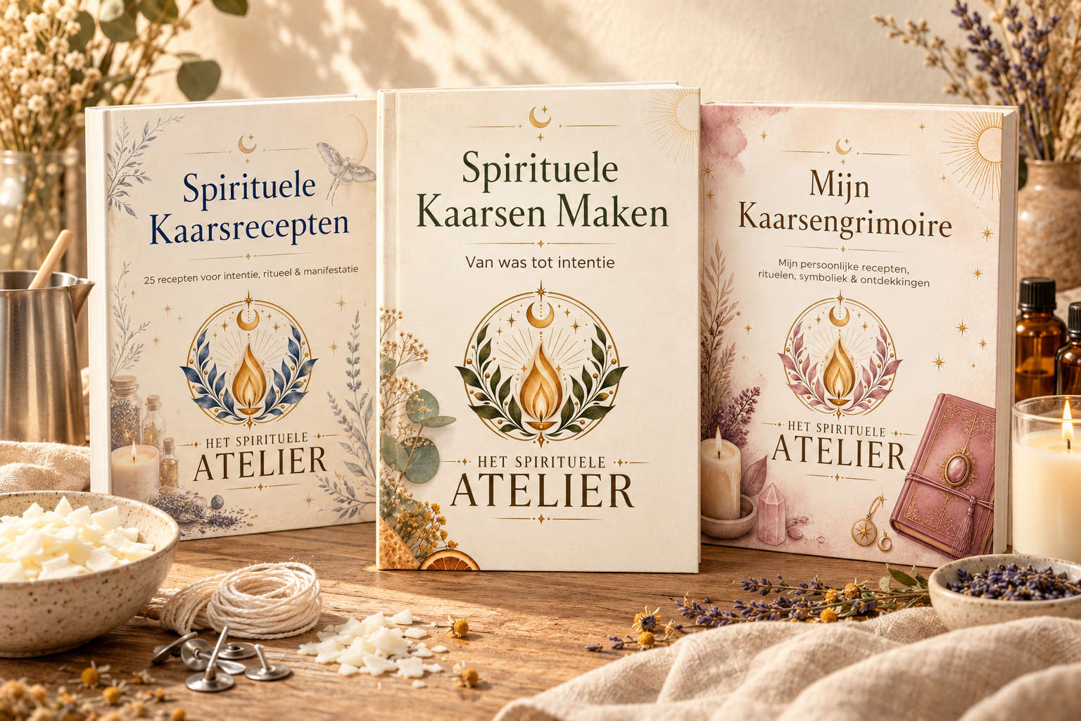 De drie boeken van Het Spirituele Atelier met kaarsenmaterialen